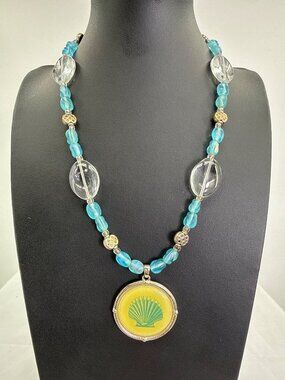 Chunky Coastal Aqua Glass Beaded Necklace Blue Shell Pendant Boho Summer